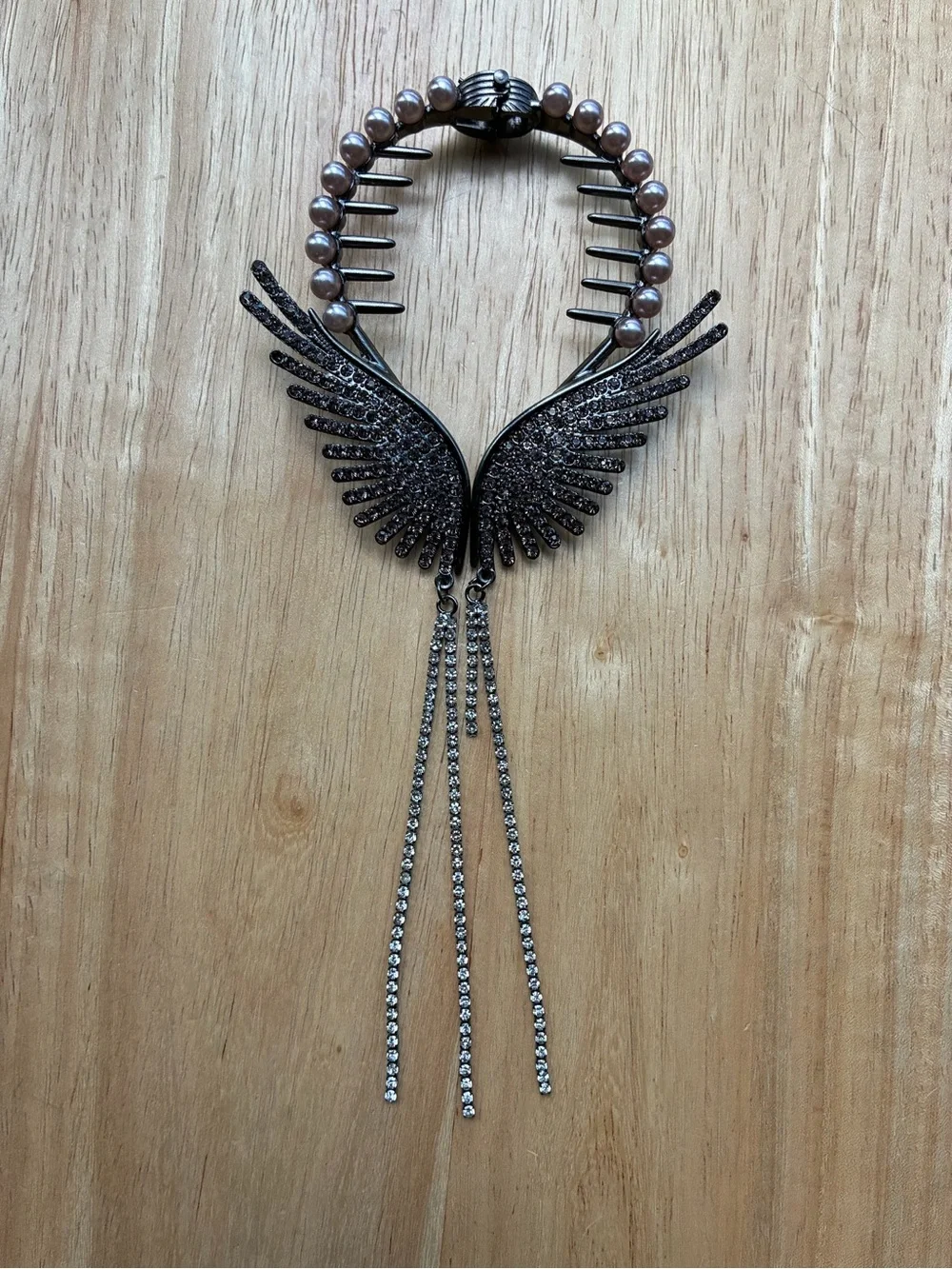 Dark Romantic Pearl & Pave Angel Wing Hair Claw Holder with Dangling Tassels